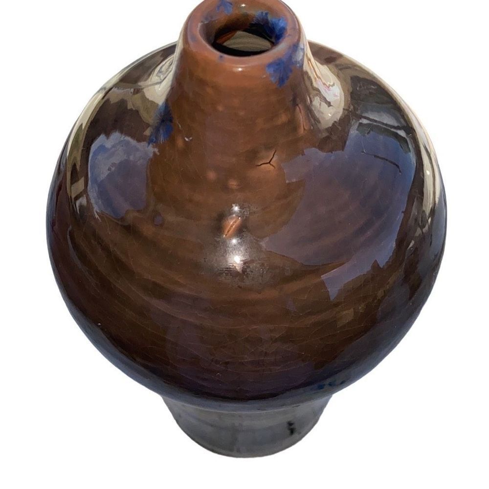 Hand Coiled Ceramic Vessel Jar Brown Glazed Signed Evil Eye 2008